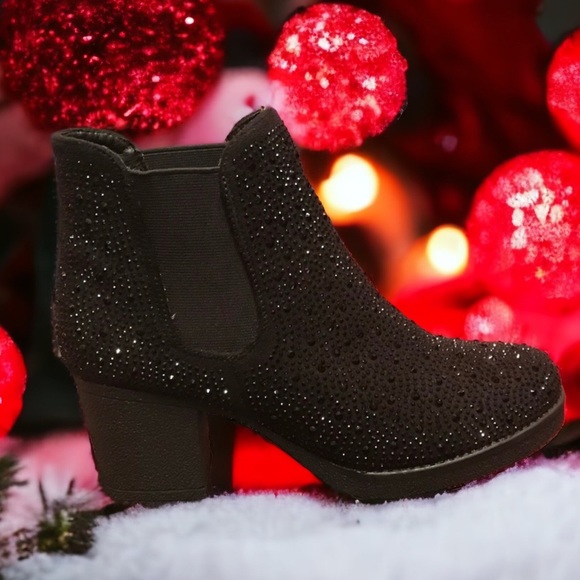 Italina Black Metallic Glitter Rhinestone Embellished Heeled BOOTIE - Picture 5 of 7